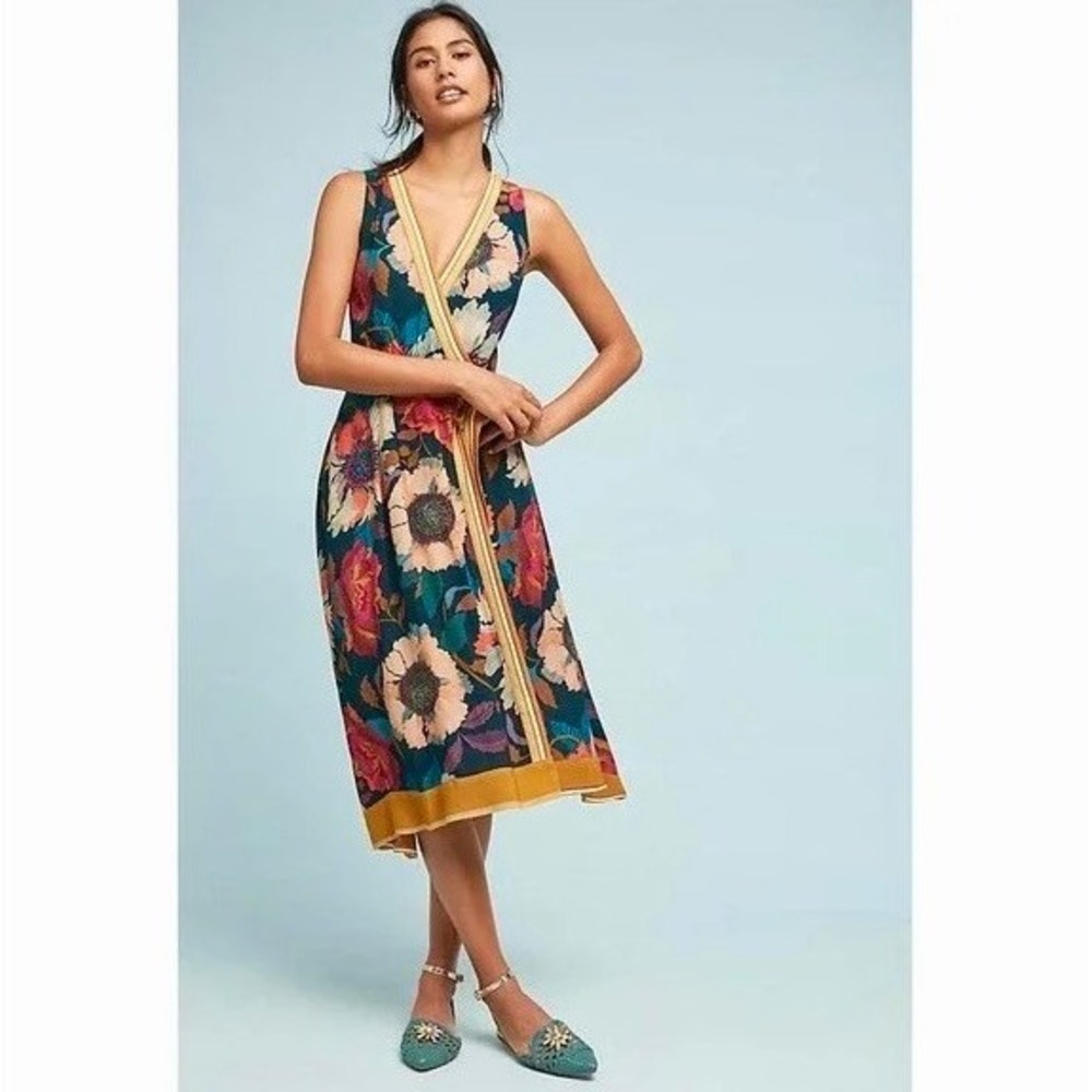 Anthropologie MAEVE Botanica Floral Dress Handkerchief Hem‎ Faux Wrap Size 2